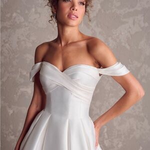 White Strapless Ruched Gown with Off the Shoulder Sweetheart Neckline